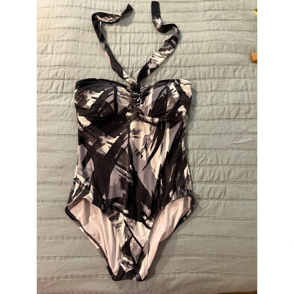 Michael Kors Womens Abstract Print Halter One Piece Swimsuit Black White Grey 12